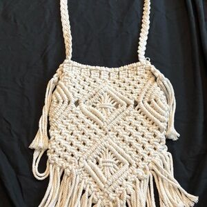 Cream Macramé Crossbody Bag with Fringe Tassels